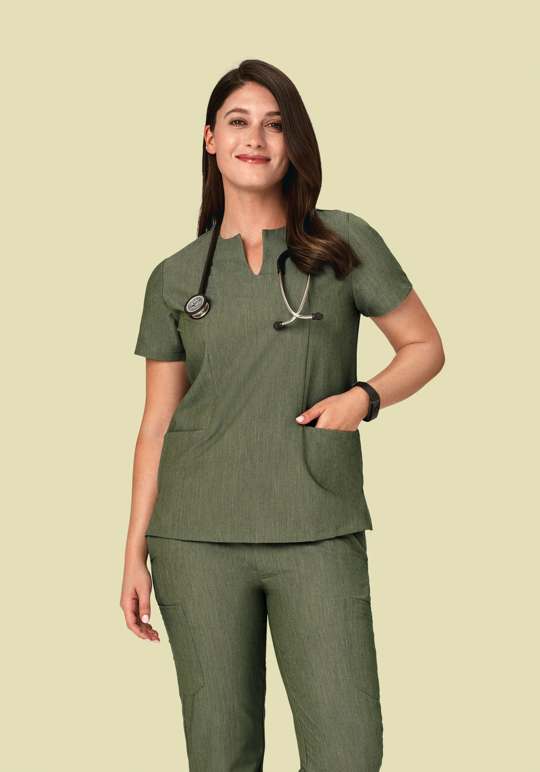 5 Pocket Notch Neck Top Heather Olive