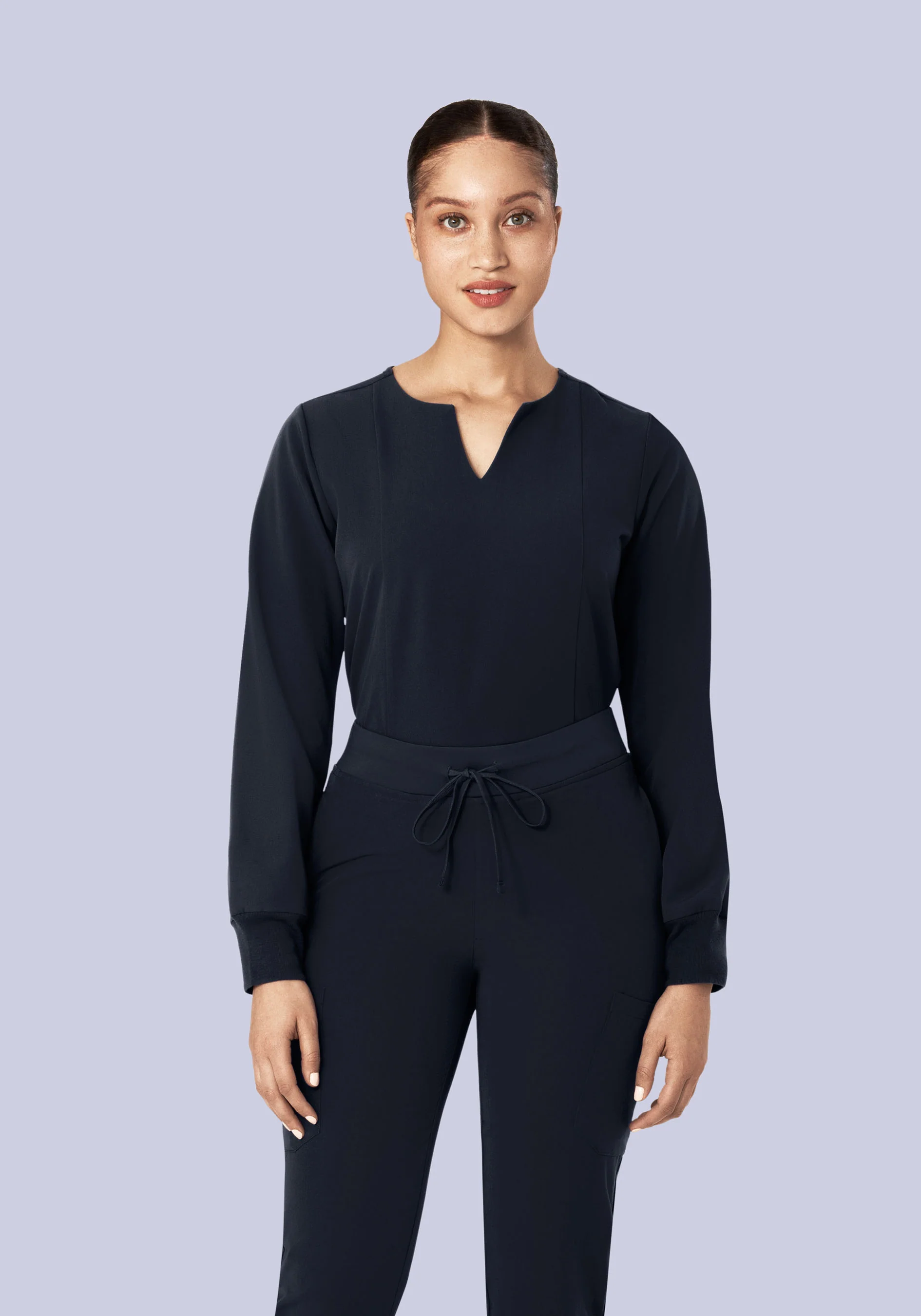 Long Sleeve Notch Neck Top Midnight Navy - Image 3